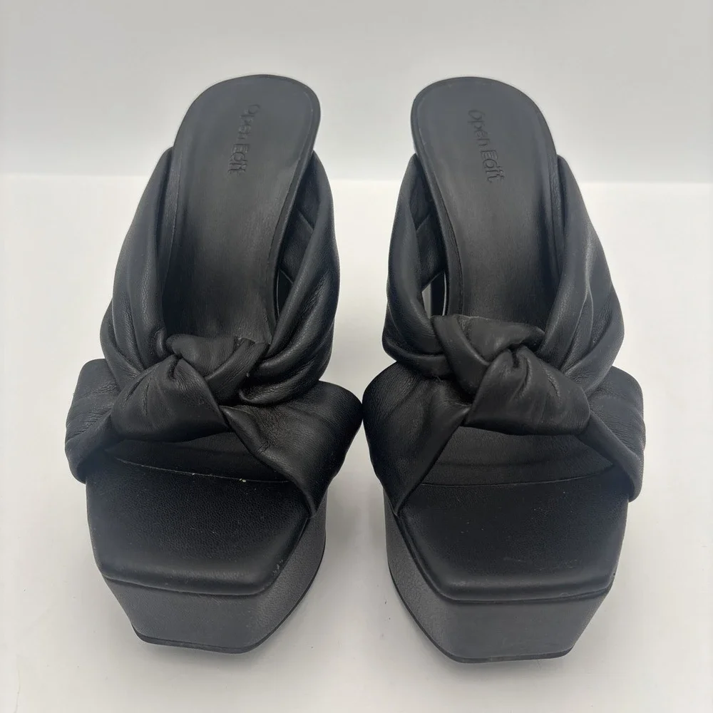 Open Edit Platform Sandals Size 6.5 Black Square Open‎ Toe Knotted Heels